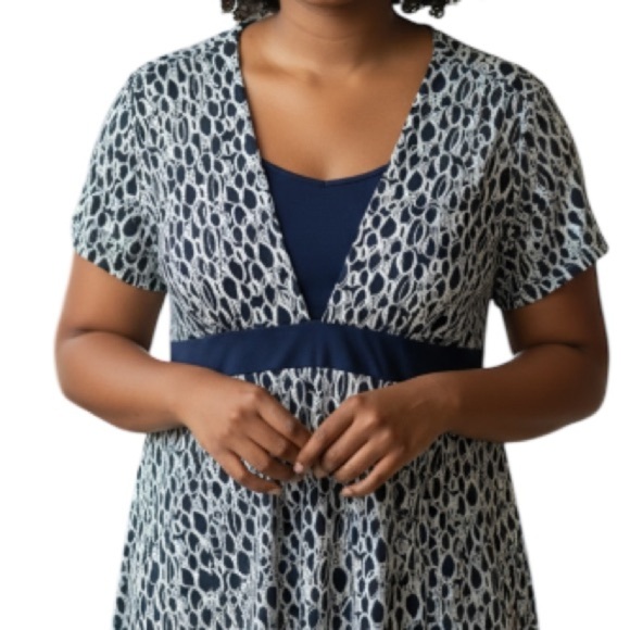 George Classics Plus Y2K Navy White Empire Waist Pattern Print Tie Back Top 2X - Picture 1 of 12